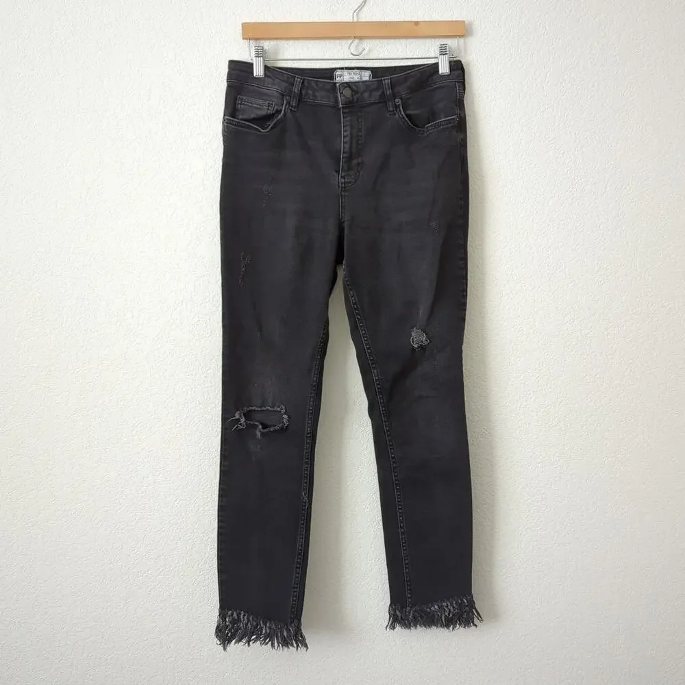 Free People Women's Great Heights Fringe Skinny Black Distressed Jeans 29 Frayed